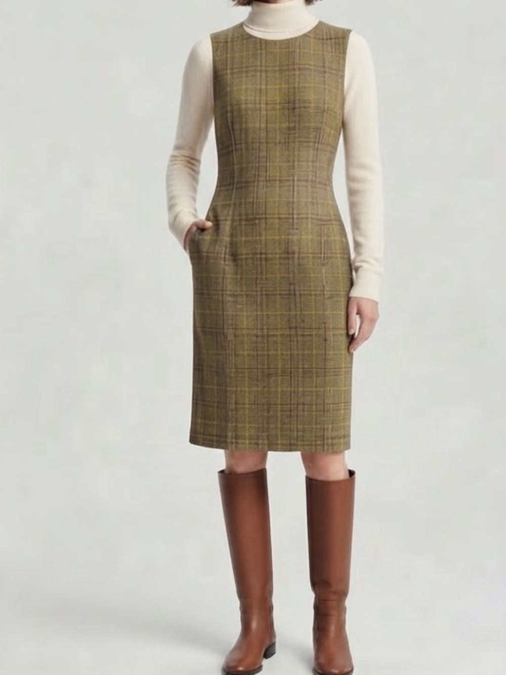 ZENOBIA 60s Mod Plaid Tweed Mock Neck Sleeveless Sheath Midi Dress Size 6⁠